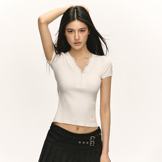 Ariseism 美式复古设计感针织短袖T恤女夏季新款修身上衣 商品图1