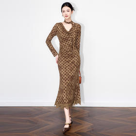 「高货wl」全新升级【铂金会员293/天猫399/差价106】(44114)洛诗琳气质植绒波点提花连衣裙2025秋季褶皱法式包臀裙