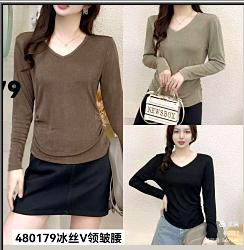 480179 时尚简洁款V领冰丝捏褶长袖T 商品图0