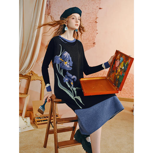 两三事梵高文艺 浪野之秋 2025秋季新款复古绣花拼色打底针织衫女 商品图4