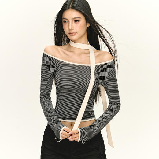 Ariseism 美式复古设计感撞色修身长袖T恤女秋季新款上衣 商品图1