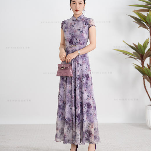 Y500新中式连衣裙女2025夏季新款端庄大气紫色印花短袖立领修身连衣裙 商品图0