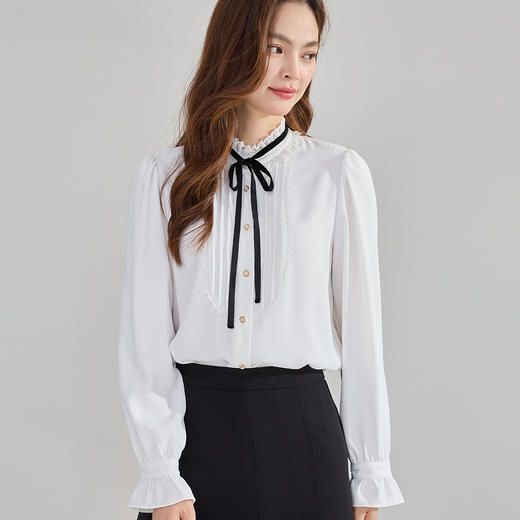 「高货sh」全新升级【铂金会员257/天猫339/差价82】(73958)洛诗琳秋季新款拼接蕾丝边蝴蝶结垂感显瘦泡泡袖雪纺衬衫 商品图2