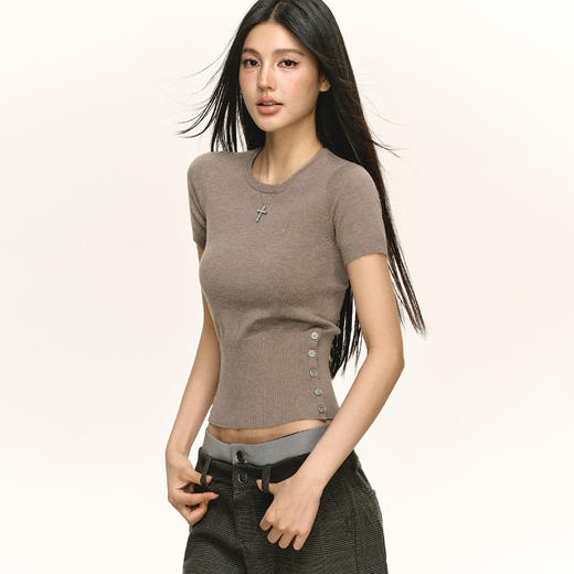 Ariseism 美式复古修身针织短袖T恤女早秋新款基础百搭上衣
 商品图2