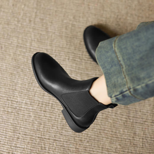 阿么手工女鞋通勤百搭黑色真皮切尔西靴秋冬新款超软短靴女2.5CM 商品图1