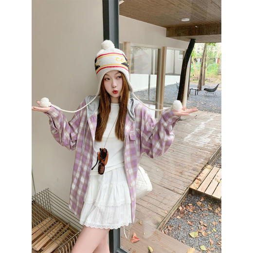 <曾小咸推荐>小众格子连帽衬衫韩系慵懒风 商品图3