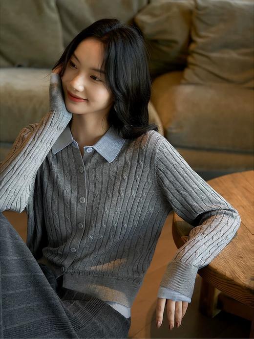 POLO翻领含羊毛混纺绞花毛衣开衫 商品图9