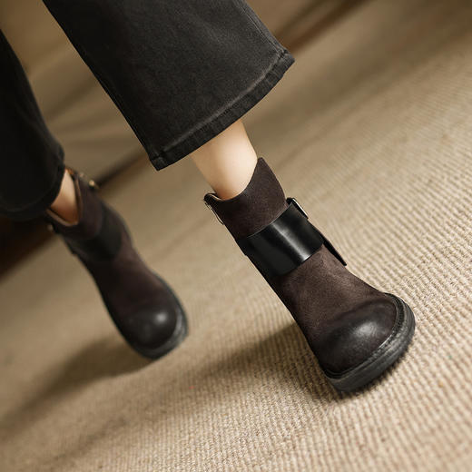 阿么手工女鞋时尚绒面复古西部牛仔短靴擦色秋冬百搭棕色靴子4CM 商品图2