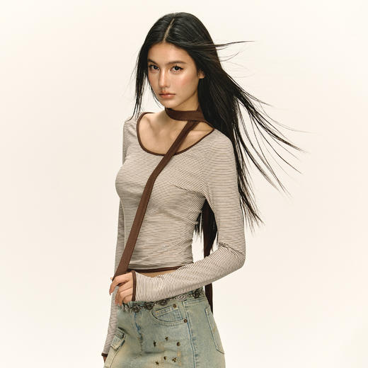 Ariseism 美式复古设计感撞色修身长袖T恤女秋季新款上衣 商品图3