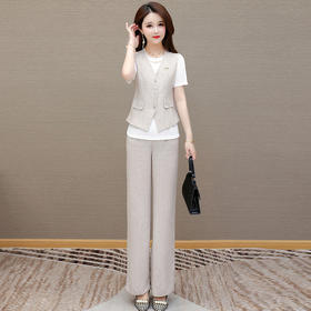 QYMAH-5169YX37-L2025年夏款短袖内搭T恤衫通勤修身显瘦马甲垂感直筒阔腿裤三件套