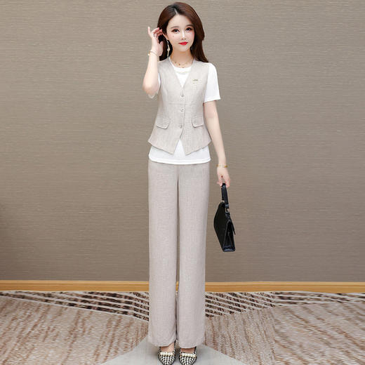 QYMAH-5169YX37-L2025年夏款短袖内搭T恤衫通勤修身显瘦马甲垂感直筒阔腿裤三件套 商品图0