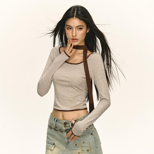 Ariseism 美式复古设计感撞色修身长袖T恤女秋季新款上衣 商品图2