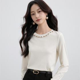 「自」全新升级【铂金会员165/天猫219/差价54】(75024)洛诗琳新款优雅气质设计感T恤2025秋季重工钉珠打底上衣女