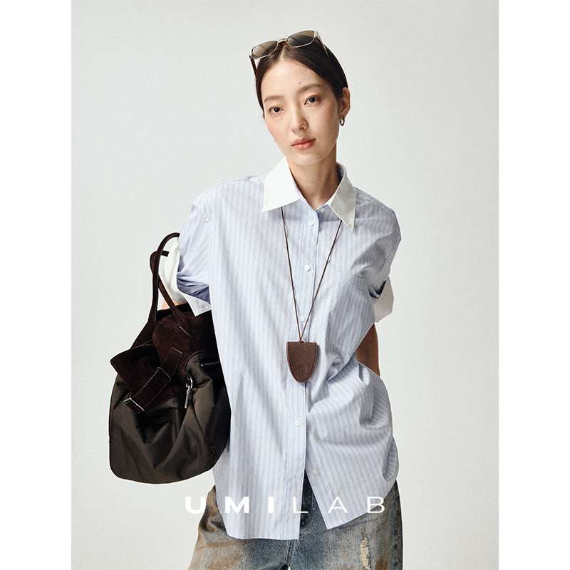 UMILAB｜织梦*清爽盐系 优质棉混纺设计感袖口条纹短袖衬衫H1308W