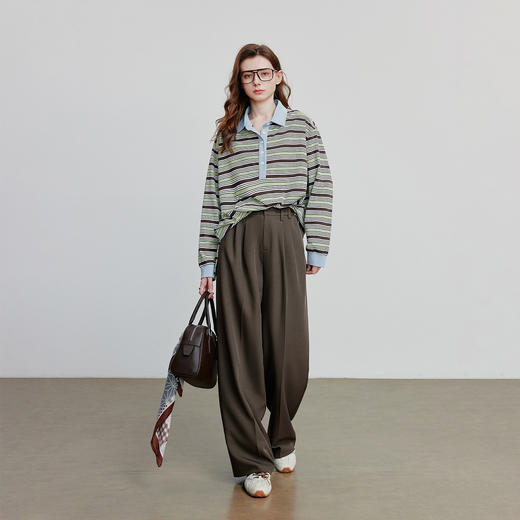 初语轻运动撞色T恤女2025南非麻条纹长袖休闲上衣 商品图3