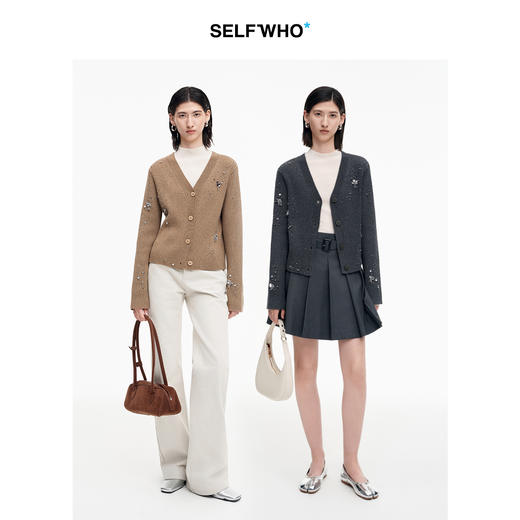 SELFWHO绵羊毛混纺钉珠装饰繁花V领针织开衫女2025秋新款毛衣外套 商品图1