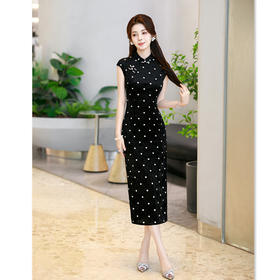 SKY 22780简约时尚长款修身丝绒坎肩袖旗袍