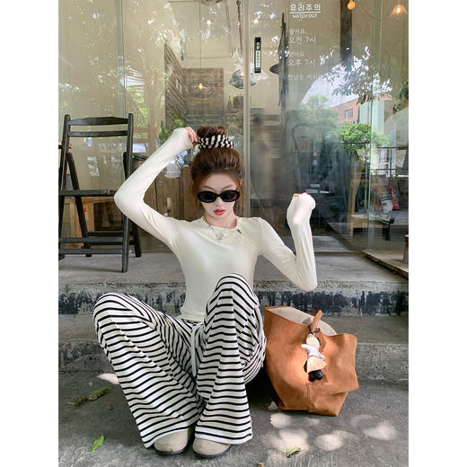 【129元任选2件】现货！韩版百搭抽绳条纹阔腿休闲裤 商品图1