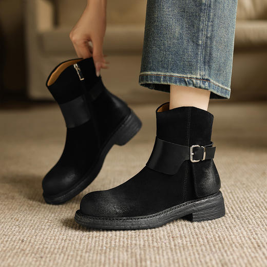 阿么手工女鞋时尚绒面复古西部牛仔短靴擦色秋冬百搭棕色靴子4CM 商品图1