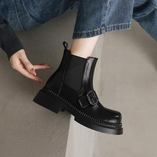 阿么手工女鞋复古烟筒靴女真皮秋冬新款厚底短筒皮带扣短靴5.5CM 商品图1