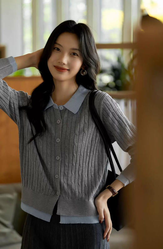 POLO翻领含羊毛混纺绞花毛衣开衫 商品图10