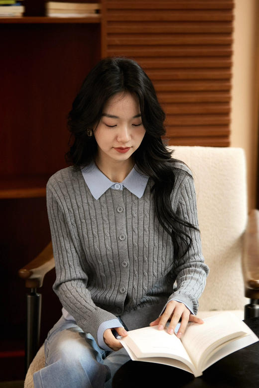 POLO翻领含羊毛混纺绞花毛衣开衫 商品图5