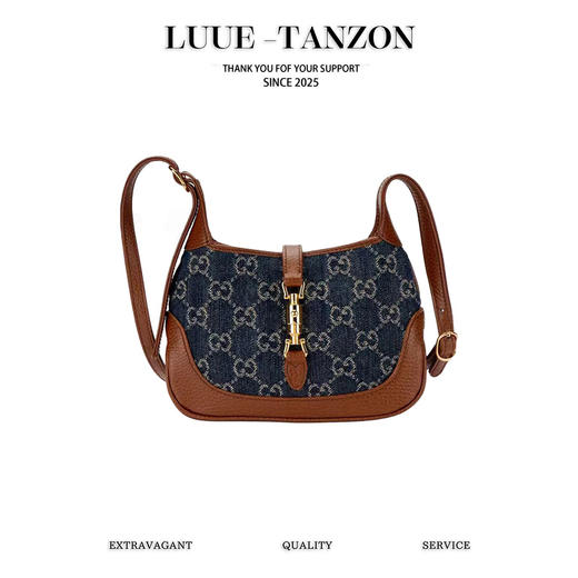 古驰 Jackie1961复古金扣老花LOGO牛仔皮拼皮腋下包手提单肩斜挎包 女款灰蓝色/棕色（LZ） 商品图0