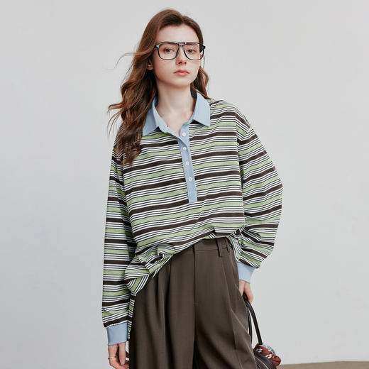 初语轻运动撞色T恤女2025南非麻条纹长袖休闲上衣 商品图1