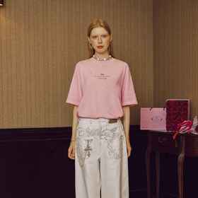 圆领粉色纯棉印花烫钻工艺803