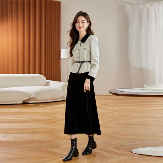 小香风名媛气质收腰套装裙2025秋季新款法式翻领上衣丝绒长裙LSNY2465 商品图1