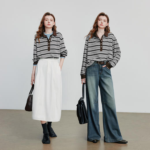 初语轻运动撞色T恤女2025南非麻条纹长袖休闲上衣 商品图4