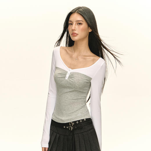 Ariseism 美式复古设计感撞色修身长袖T恤女秋季新款上衣 商品图2