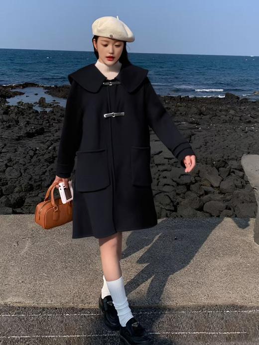 【高端系列】手工定制8503款山羊绒5%➕澳洲羊毛95%翻领PU扣双面尼大衣-喜出 商品图2