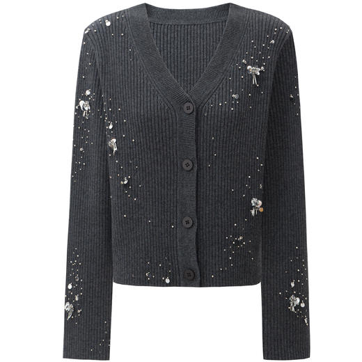 SELFWHO绵羊毛混纺钉珠装饰繁花V领针织开衫女2025秋新款毛衣外套 商品图4