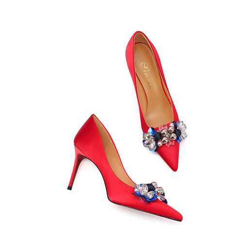 【预售7天】真皮主婚鞋水钻高跟鞋小细跟白色真丝面绝美主婚纱新娘鞋女单鞋CX&B085 商品图1