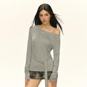 Ariseism 美式复古 宽松绑带斜肩长袖T恤女秋季新款上衣