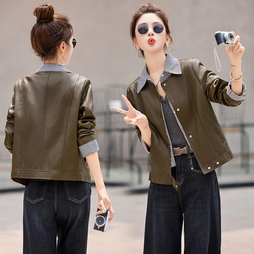 假两件皮衣外套2025秋季新款设计感拼接气质条纹PU皮夹克上衣WAY2531 商品图1