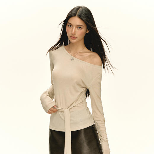 Ariseism 美式复古 宽松绑带斜肩长袖T恤女秋季新款上衣 商品图1