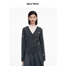 SELFWHO绵羊毛混纺钉珠装饰繁花V领针织开衫女2025秋新款毛衣外套
