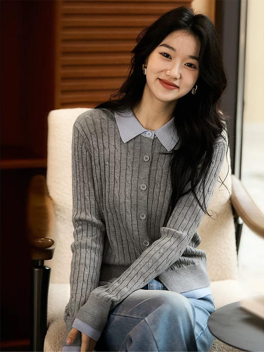 POLO翻领含羊毛混纺绞花毛衣开衫 商品图2