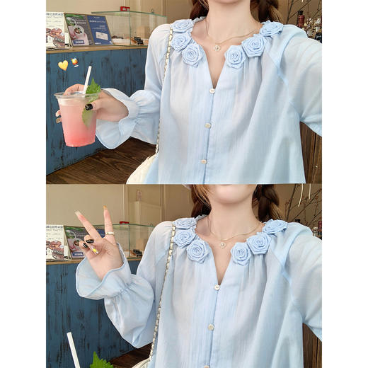 <曾小咸推荐>V领甜美立体花朵宽松衬衫女 商品图1