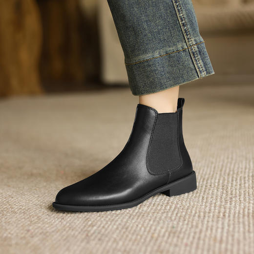 阿么手工女鞋通勤百搭黑色真皮切尔西靴秋冬新款超软短靴女2.5CM 商品图2