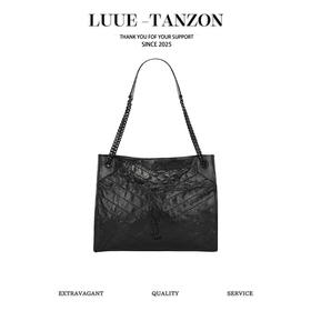 圣罗兰-Niki黑标 Logo复古褶皱皮革大容量托特包购物袋链条单肩手提包中号女款黑色百搭通勤推荐（LZ）