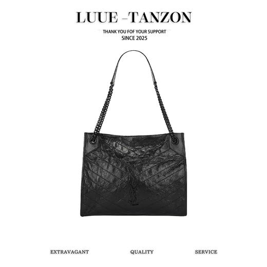 圣罗兰-Niki黑标 Logo复古褶皱皮革大容量托特包购物袋链条单肩手提包中号女款黑色百搭通勤推荐（LZ） 商品图0