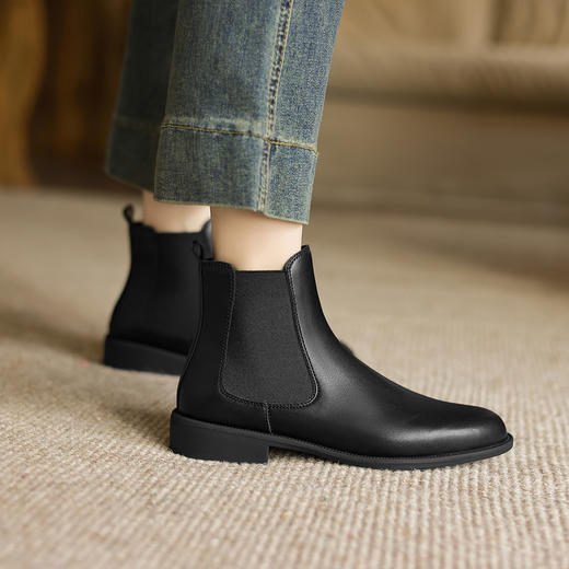 阿么手工女鞋通勤百搭黑色真皮切尔西靴秋冬新款超软短靴女2.5CM 商品图4