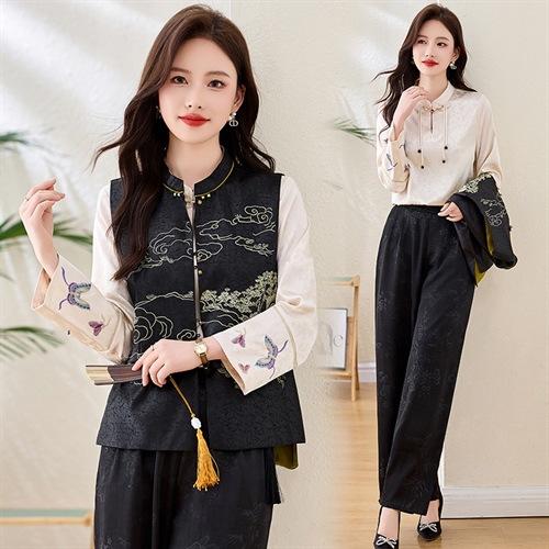 HR YYG82950新中式刺绣马甲+刺绣衬衫+裤子三件套 商品图2