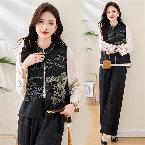 HR YYG82950新中式刺绣马甲+刺绣衬衫+裤子三件套 商品图0