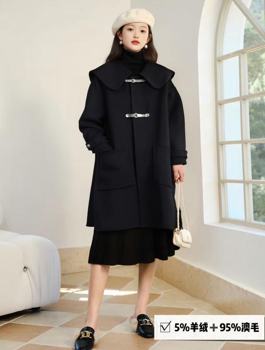 【高端系列】手工定制8503款山羊绒5%➕澳洲羊毛95%翻领PU扣双面尼大衣-喜出 商品图0