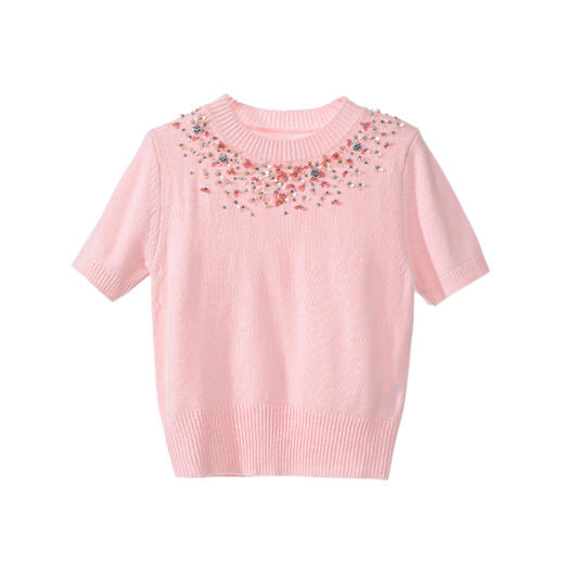 「自」全新升级【铂金会员330/天猫449/差价119】(72945)洛诗琳甜美圆领短袖重工钉钻上衣2025秋季气质减龄针织上衣 商品图4