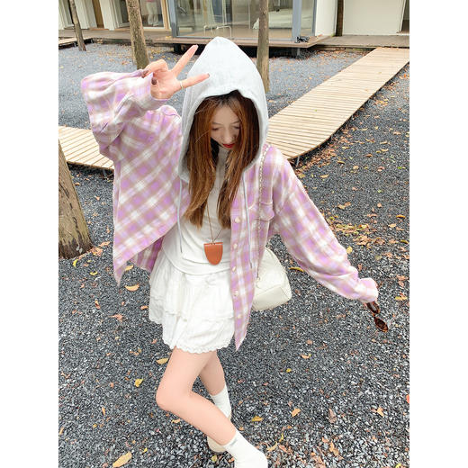 <曾小咸推荐>小众格子连帽衬衫韩系慵懒风 商品图2